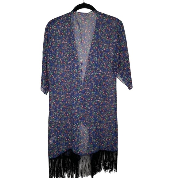 Lularoe Womens Open Front sheer cardigan S/S Floral Fringe small - Picture 4 of 5